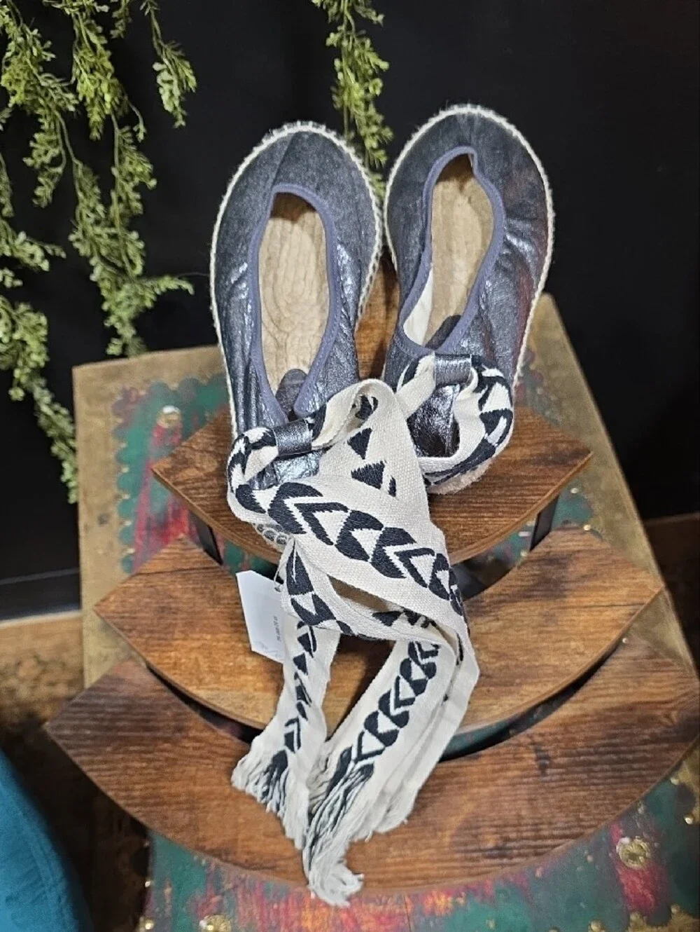 Free People Metallic Silver Espadrille Flats with Braided Ankle Wraps